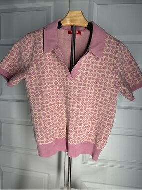 GUESS Monogram Purpley-Pink Patterned Polo Sweater Top V-Neck XL - RUNS SMALL
